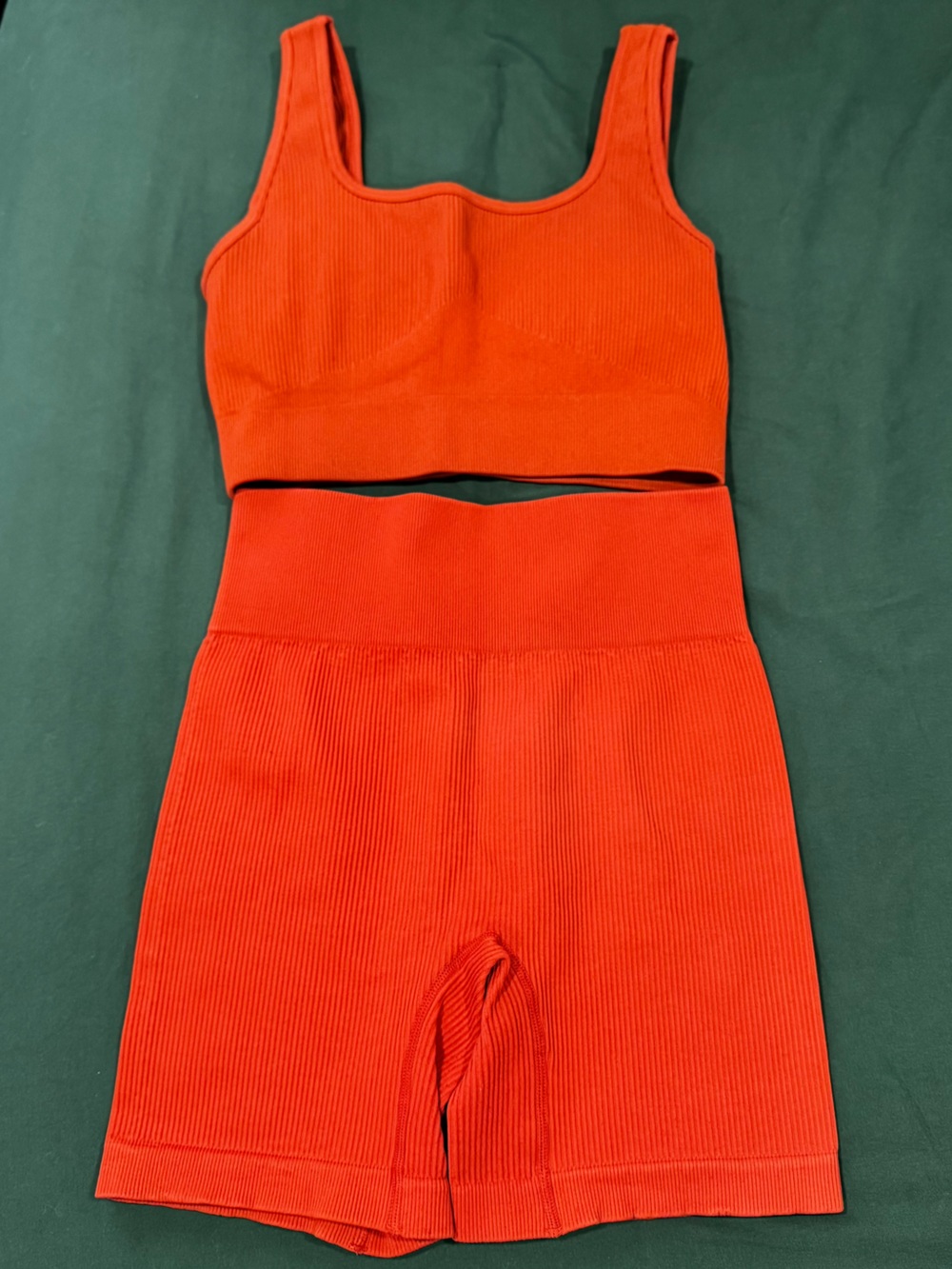 Amazon Red Ribbed Two-Piece Active Set - Crop Tank & High-Waist Shorts